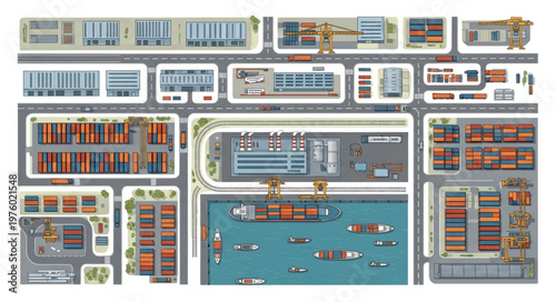 Detailed Aerial View of a Busy Port with Ships and Containers.