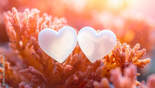 Wallpaper Mural Two White Heart Shapes on Pink Coral Flowers Romantic Dreamy Love Symbolic Visuals Torontodigital.ca