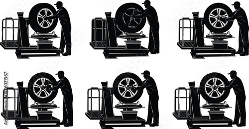 Automotive tire balancing machine operator silhouette set, mechanic working on wheel alignment equipment, industrial workshop maintenance process, car service technician vector illustration