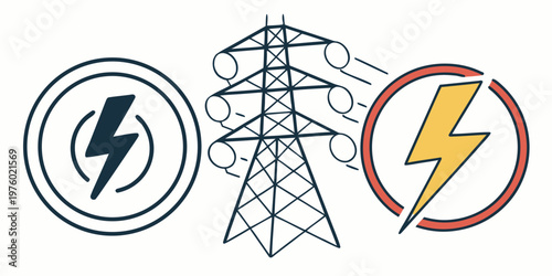 Hand drawn electricity and power concept illustration with a transmission pylon an energy lightning bolt icon a broken electric power symbol electricity lightning