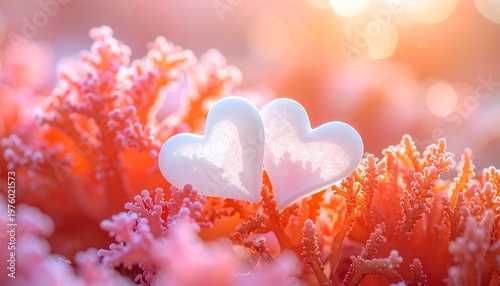 Wallpaper Mural Two White Heart Shapes on Pink Coral Flowers Romantic Dreamy Love Symbolic Visuals Torontodigital.ca