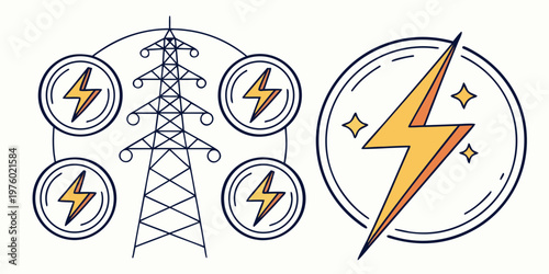 Hand drawn electricity transmission tower with surrounding energy lightning bolt icons and a large sparkling power symbol in a doodle style illustration electricity lightning