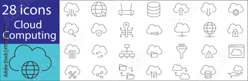 Collection of cloud technology icons including database, hosting, synchronization, security, and backup elements, ideal for IT and digital infrastructure design.