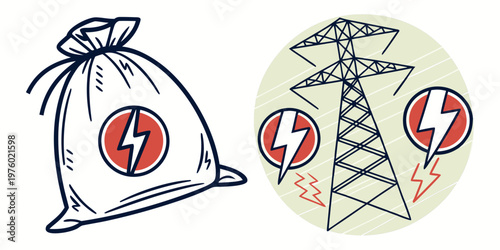 Hand drawn energy business and cost concept illustration featuring a money bag with a lightning bolt and an electricity transmission pylon icon on a textured background