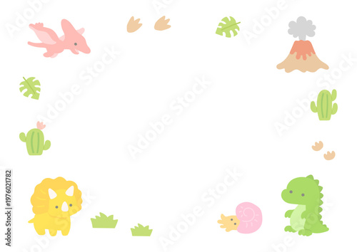 かわいい恐竜のフレーム、白背景で中央はコピースペース