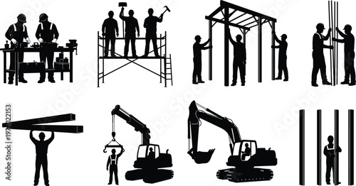 Construction workers silhouettes set featuring builders using tools, scaffolding, crane, excavator and structural assembly isolated on white background for industrial engineering and labor concept