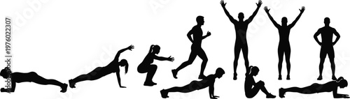 Fitness workout silhouettes set showing push ups, squats, running and jumping exercises, active lifestyle concept illustration for gym training, health, and body strength design