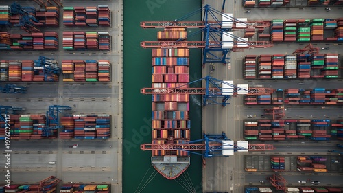 Hyperlapse timelap Aerial top view container cargo ship in import export business commercial trade logistic and transportation, many rows and stacks of container and big container loader ship vessel. 
