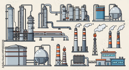 Industrial Plant and Factory Illustration - A Detailed Overview of Production Facilities.