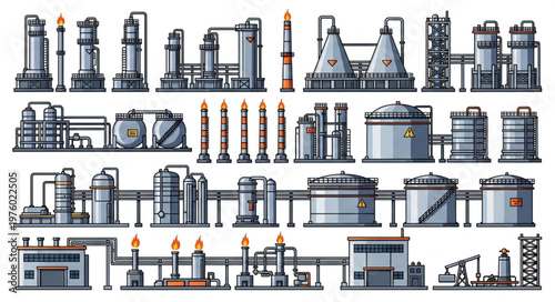 Detailed Illustration of an Industrial Oil Refinery Complex.