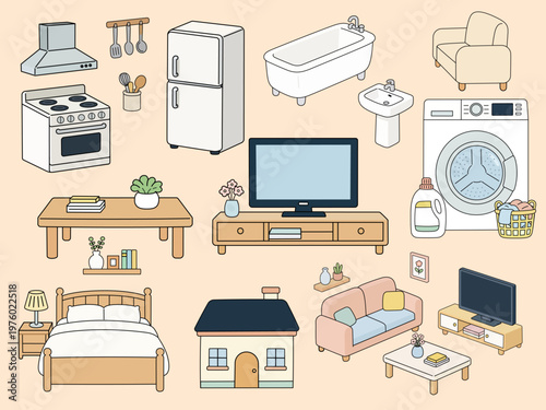 Hand drawn kawaii household items and furniture set with appliances for home interior design and educational worksheets