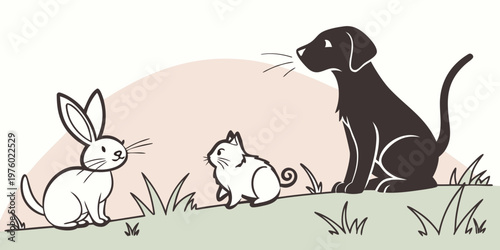 Stylized illustration of a white rabbit a small white rodent a dark brown dog sitting together on a green grassy hill with a light pink background guinea pig pet shop