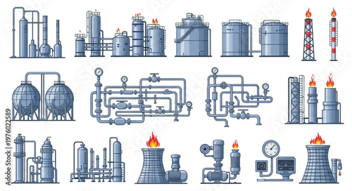 Various Industrial Plant and Equipment Illustrations in Pixel Art Style.