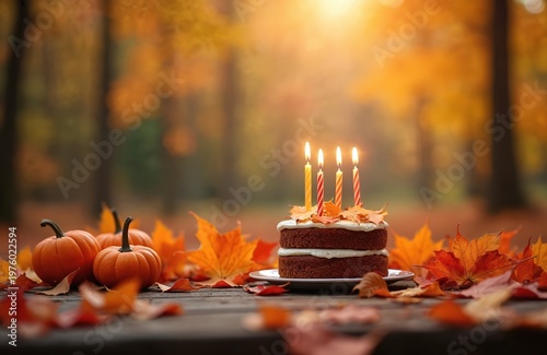 Birthday cake with lit candles rests on a wooden surface. Pumpkins and colorful fall leaves surround the dessert. Soft sun glow illuminates forest background. Celebration in autumn nature.