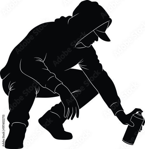 Graffiti artist crouching with spray paint can, urban street art silhouette, creative vandal culture concept, black vector illustration for hip hop, youth, and city design