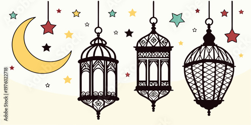 Ramadan kareem and eid mubarak festive hanging lanterns crescent moon stars vector design elements night sky celebration festival religion traditional spiritual