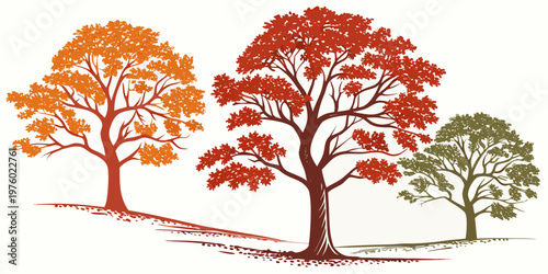 Colorful autumn deciduous trees graphic vector illustration set with orange rich red natural olive green foliage on a gentle grassy slope plant life tree set deciduous