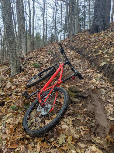 A red mountain bike lies on a slippery muddy forest trail with brown autumn leaves, suggesting an interrupted ride or break. The scene evokes outdoor adventure, fall nature and rugged terrain.