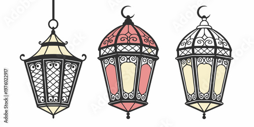 Colorful islamic lanterns with crescent moon traditional ramadan kareem decorative elements festive lights illustration holy month design element lanterns crescent