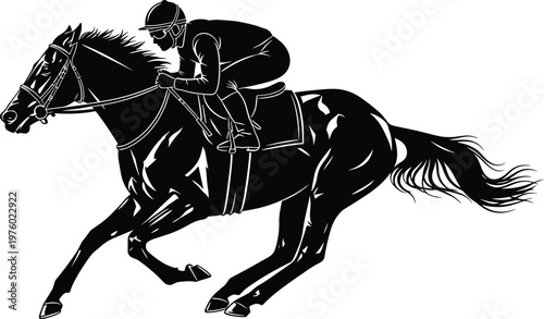 Horse racing silhouette with jockey riding at full speed, dynamic equestrian sport vector illustration isolated on white background, ideal for racing, competition, and athletic design concepts