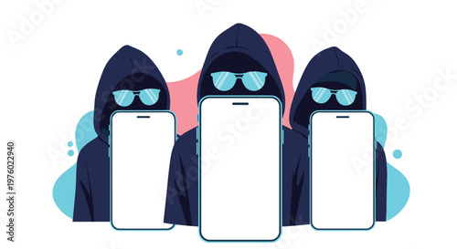 Group of cyber criminals in dark hoodies holding blank smartphone screens for mobile security and digital hacking concept.