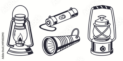 Set of portable lighting equipment, featuring classic oil lanterns and contemporary flashlights, rendered in a clean black and white line art illustration style for outdoor