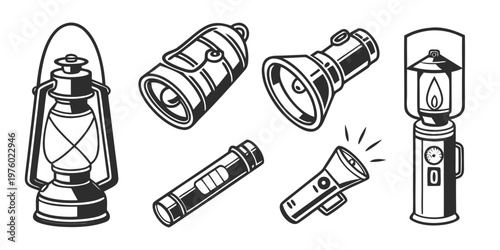 Collection of various portable light sources including vintage oil lanterns and modern flashlights drawn in a monochrome line art style for camping outdoor or emergency themes