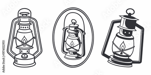 Vintage oil lanterns set with flame retro camping and outdoor light equipment classic hurricane lamp illustration old fashioned lanterns equipment adventure survival