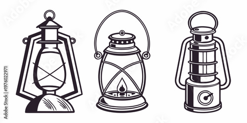 Three distinct vintage oil lanterns with glass globes and metal handles depicted in a monochrome line art illustration oil lamp kerosene lamp old fashioned white background