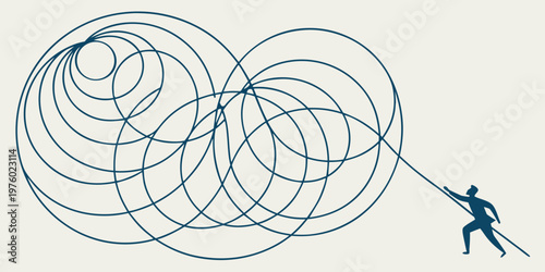 Silhouette of person pulling rope untangling complex intertwined circles representing problem-solving challenge strategic effort in business or personal life with solution