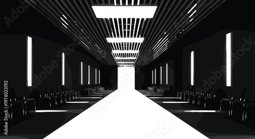 Modern fashion runway corridor with dramatic lighting, empty catwalk interior design, minimalist black and white stage for luxury show, event presentation, and architectural concept