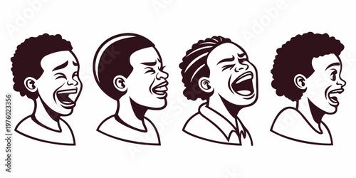 Four stylized illustrations of diverse children expressing exaggerated emotions of laughter joy shouting crying with line art black and white children expression laughing