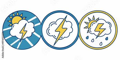 Weather icons depicting sunny cloud with lightning stormy cloud with thunderbolt rainy sun with lightning strike graphic design white background line art lightning