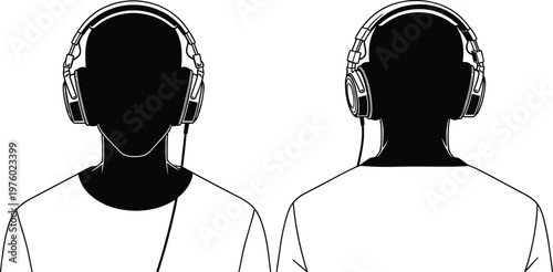 Person wearing headphones front and back view, black silhouette vector illustration, audio listening concept for music, podcast, technology, and modern lifestyle design