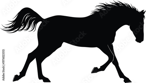 Running horse silhouette with flowing mane and tail, dynamic black vector illustration of equine motion, powerful farm animal graphic for logo, nature, and western design
