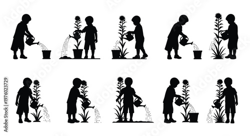 Children watering sunflowers in pots depicted in a series of silhouette illustrations
