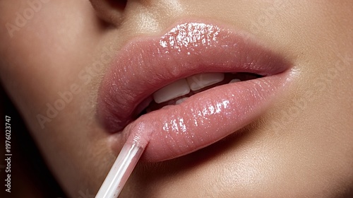 Woman applying shiny pink lip gloss with an applicator, enhancing her plump lips with a glamorous and lustrous finish, symbolizing beauty, makeup, and cosmetic care