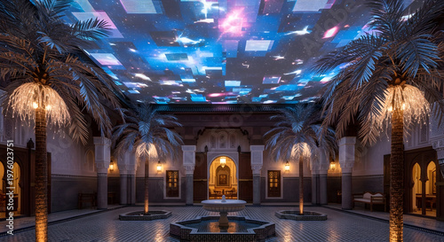 Spectacular interior of the teamlab borderless museum with reflective ceiling