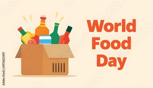 A cardboard box filled with food and drinks on World Food Day