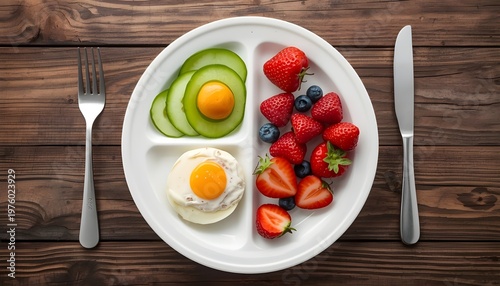 A healthy breakfast plate with sliced avocado, egg, strawberries, blueberries, and a fork and knife on a wooden table