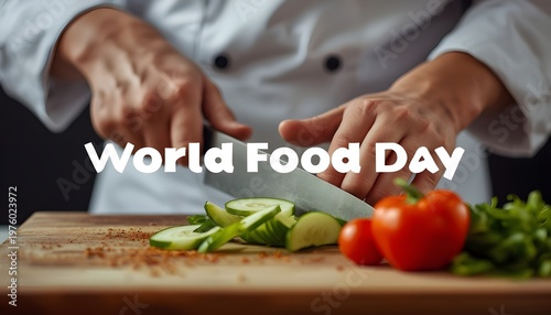 A chef prepares vegetables for World Food Day in a professional kitchen setting