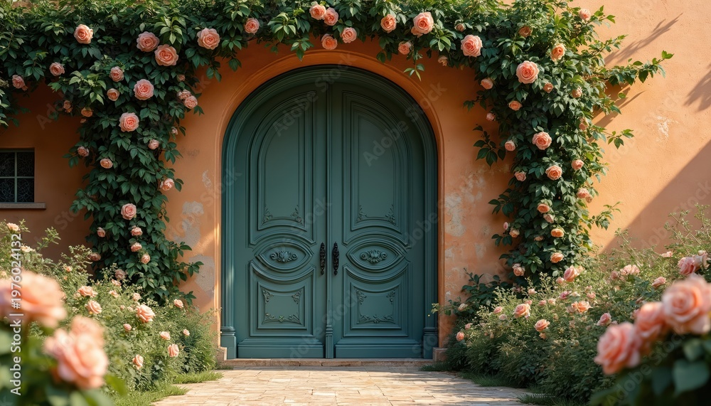 Fototapeta premium Arched green double doors on peach wall entwined with climbing pink roses. Rich garden path with blooming flowers leads to entrance. Romantic dreamy setting perfect for weddings or portraits.