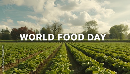 A lush green field of crops under a cloudy sky on World Food Day