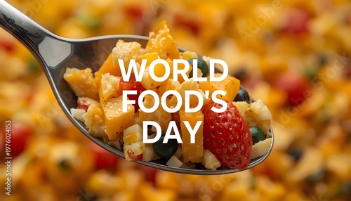 A spoonful of vibrant food mix celebrating World Food's Day with fresh ingredients and colorful textures.