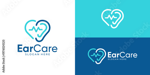 Creative simple ear care logo template. Ear with abstract love shape for hearing logo design vector illustration.