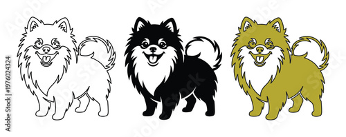 Pomeranian dog vector set, fluffy spitz puppy illustrations in black and gold, cute pet mascot silhouettes for logo design and branding