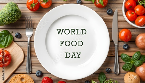 A plate with World Food Day text surrounded by fresh vegetables and fruits on a wooden table