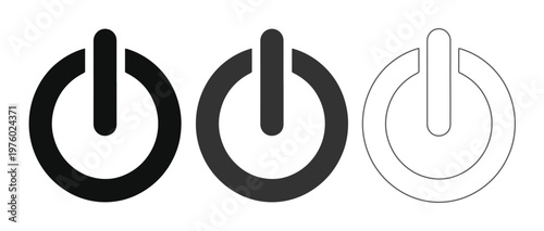 Minimalist power button icon set, black and white electronic switch symbols, 3 vector elements for interface design and technology apps