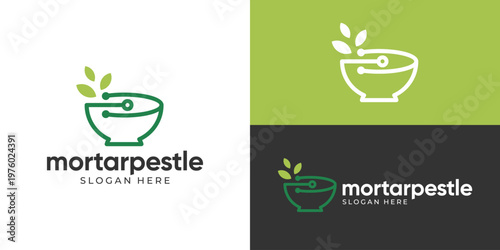 Creative simple mortar pestle logo template. Abstract mortar pestle with stethoscope and leaves logo design vector illustration.
