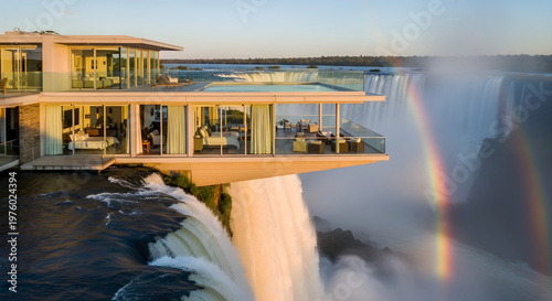 Modern architecture with ocean view and rainbow a luxurious coastal residence
